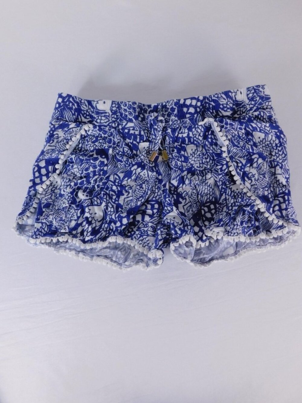 Lilly Pulitzer Shorts Womens XS Blue Rayon Print Pom Fringe Hot Pants Casual